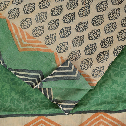 Sanskriti Vintage Cream & Green Saree 100% Pure Cotton Saree Hand Block Printed Sari 6 Yd Fabric For Crafting, Upcycling, Even Wearing