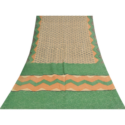 Sanskriti Vintage Cream & Green Saree 100% Pure Cotton Saree Hand Block Printed Sari 6 Yd Fabric For Crafting, Upcycling, Even Wearing