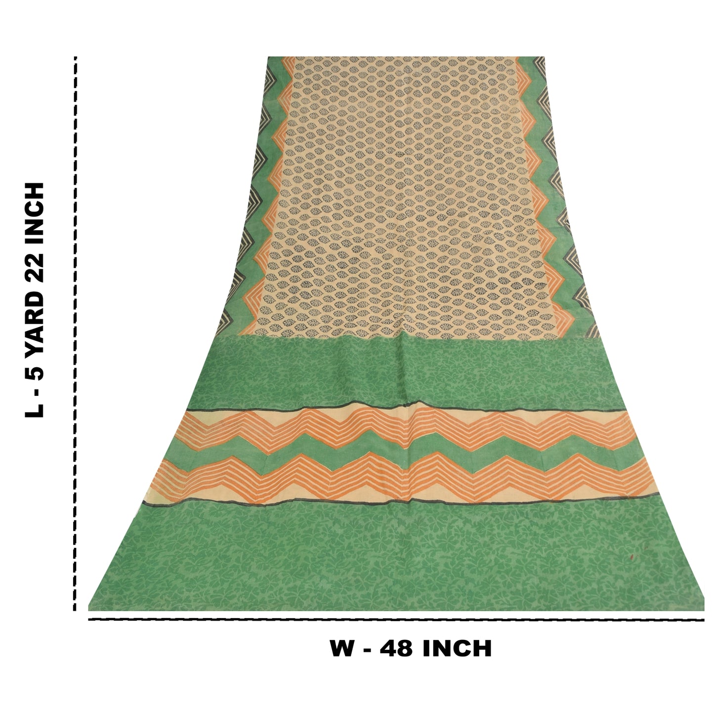 Sanskriti Vintage Cream & Green Saree 100% Pure Cotton Saree Hand Block Printed Sari 6 Yd Fabric For Crafting, Upcycling, Even Wearing