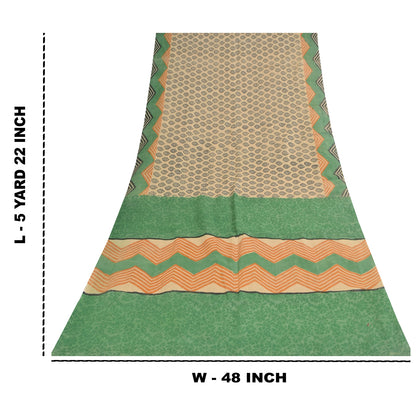 Sanskriti Vintage Cream & Green Saree 100% Pure Cotton Saree Hand Block Printed Sari 6 Yd Fabric For Crafting, Upcycling, Even Wearing