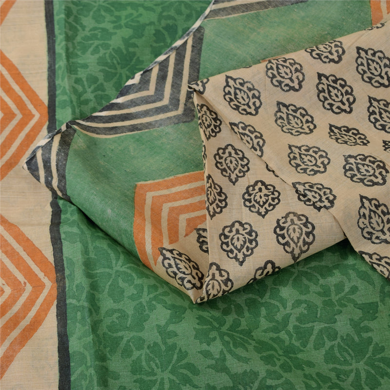 Sanskriti Vintage Cream & Green Saree 100% Pure Cotton Saree Hand Block Printed Sari 6 Yd Fabric For Crafting, Upcycling, Even Wearing