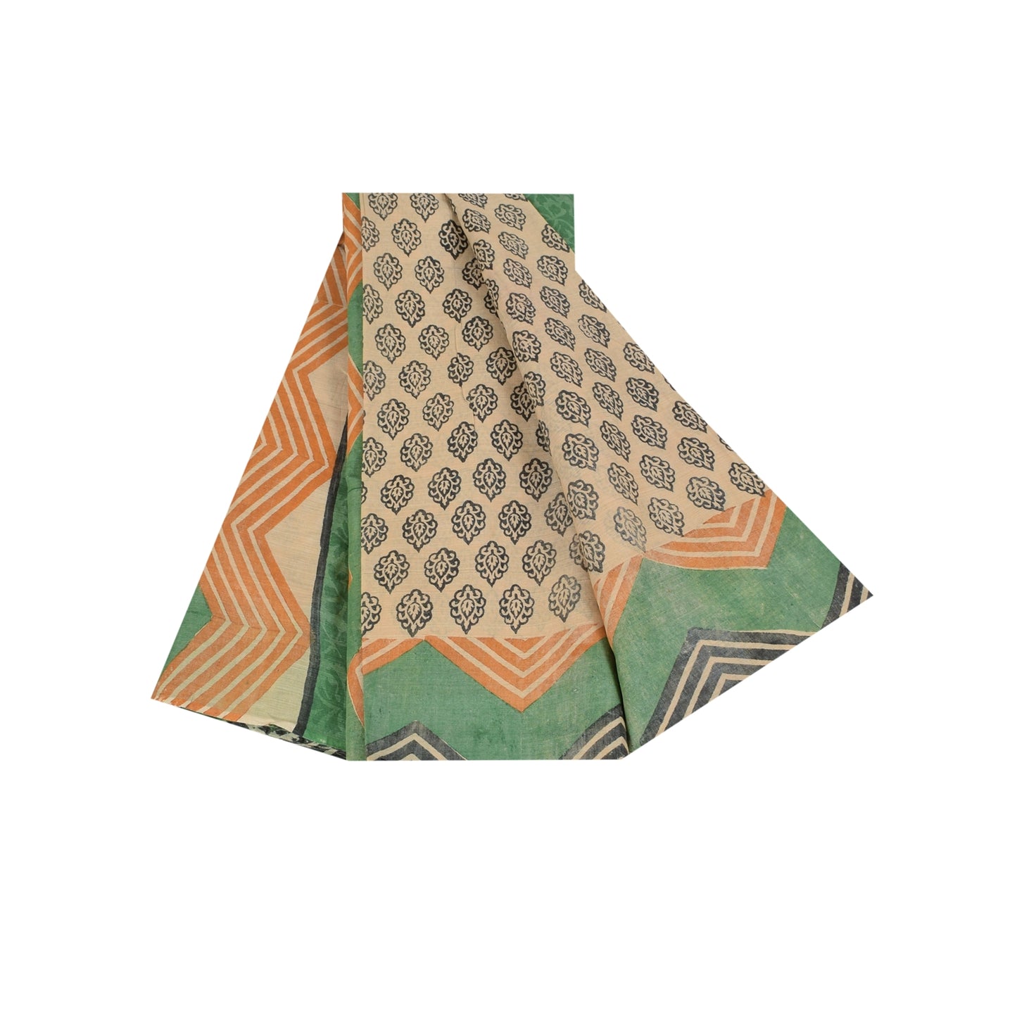 Sanskriti Vintage Cream & Green Saree 100% Pure Cotton Saree Hand Block Printed Sari 6 Yd Fabric For Crafting, Upcycling, Even Wearing