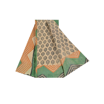 Sanskriti Vintage Cream & Green Saree 100% Pure Cotton Saree Hand Block Printed Sari 6 Yd Fabric For Crafting, Upcycling, Even Wearing