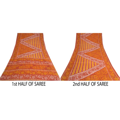 Sanskriti Vintage Sarees Brown/Orange Batik Pure Cotton Print Sari Craft Fabric