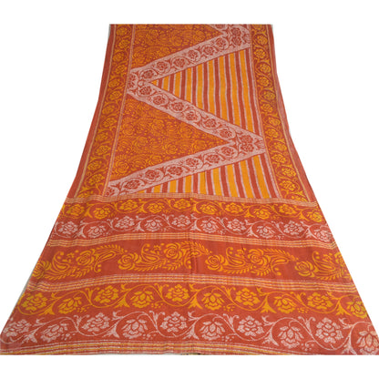 Sanskriti Vintage Sarees Brown/Orange Batik Pure Cotton Print Sari Craft Fabric