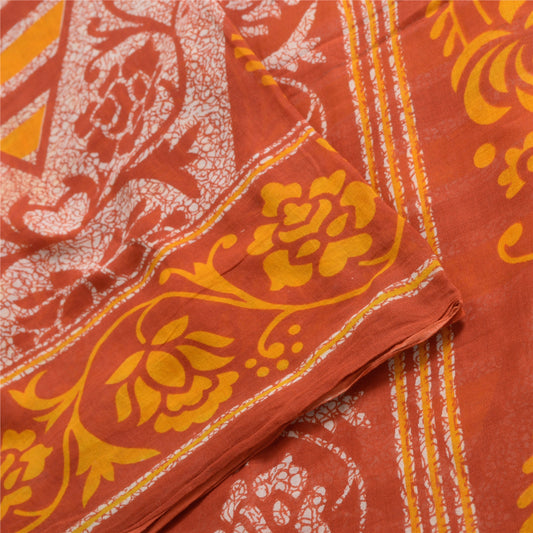 Sanskriti Vintage Sarees Brown/Orange Batik Pure Cotton Print Sari Craft Fabric
