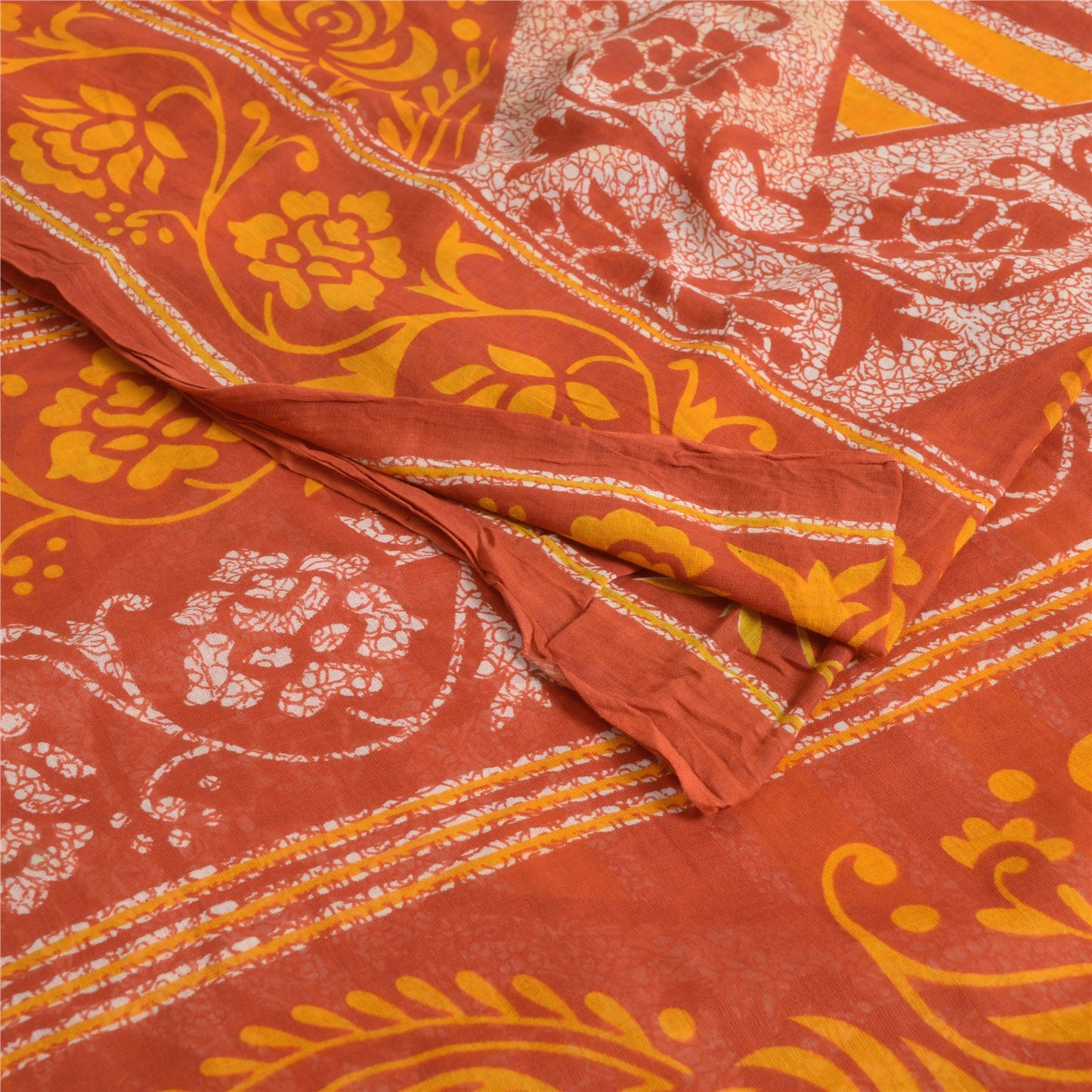 Sanskriti Vintage Sarees Brown/Orange Batik Pure Cotton Print Sari Craft Fabric