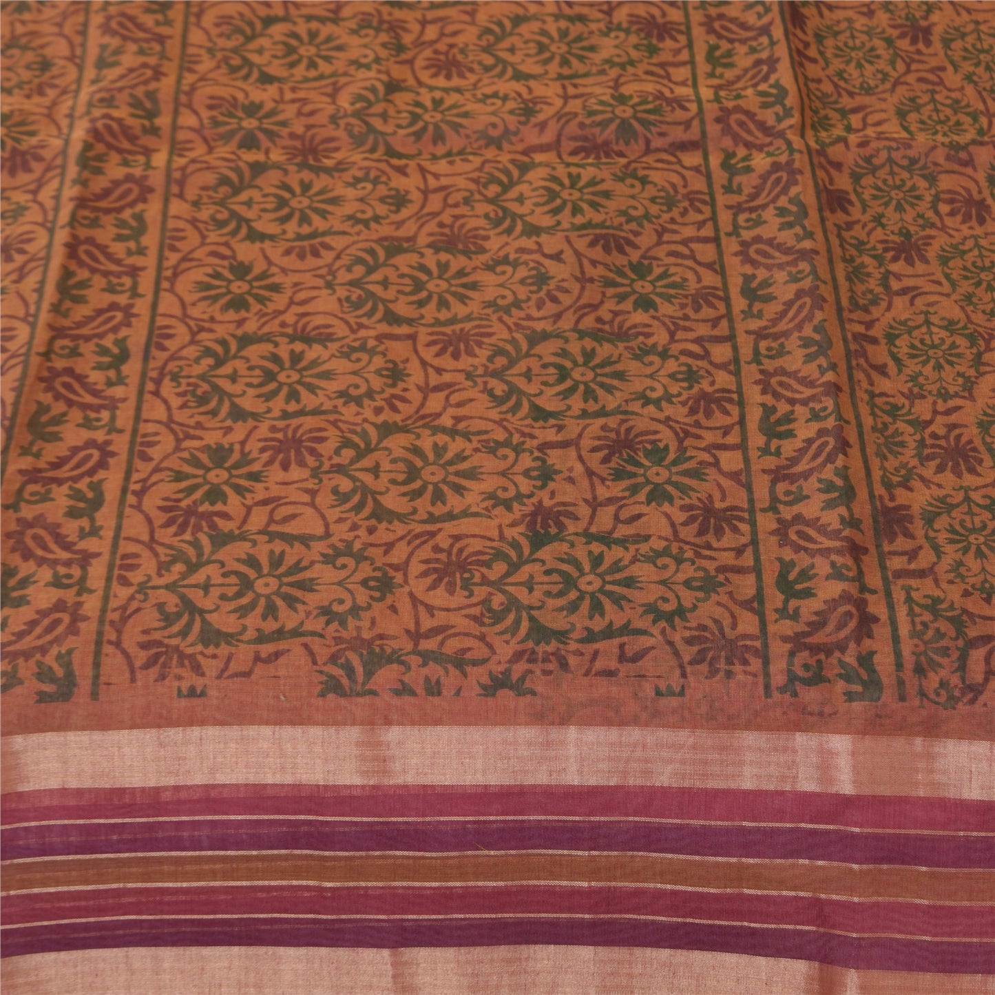 Sanskriti Vintage Sarees Brown Indian Cotton Printed Sari 6+yard Craft Fabric