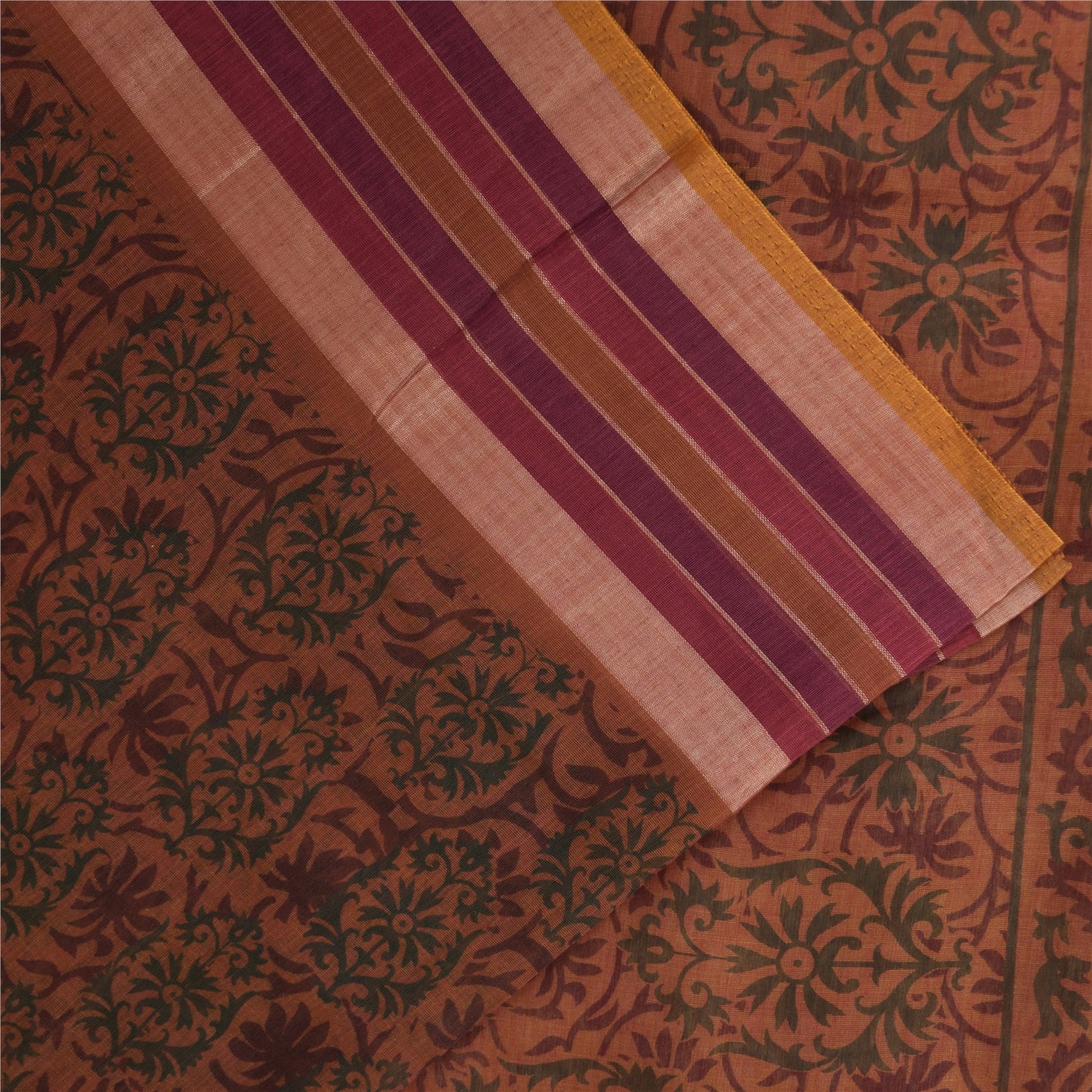 Sanskriti Vintage Sarees Brown Indian Cotton Printed Sari 6+yard Craft Fabric
