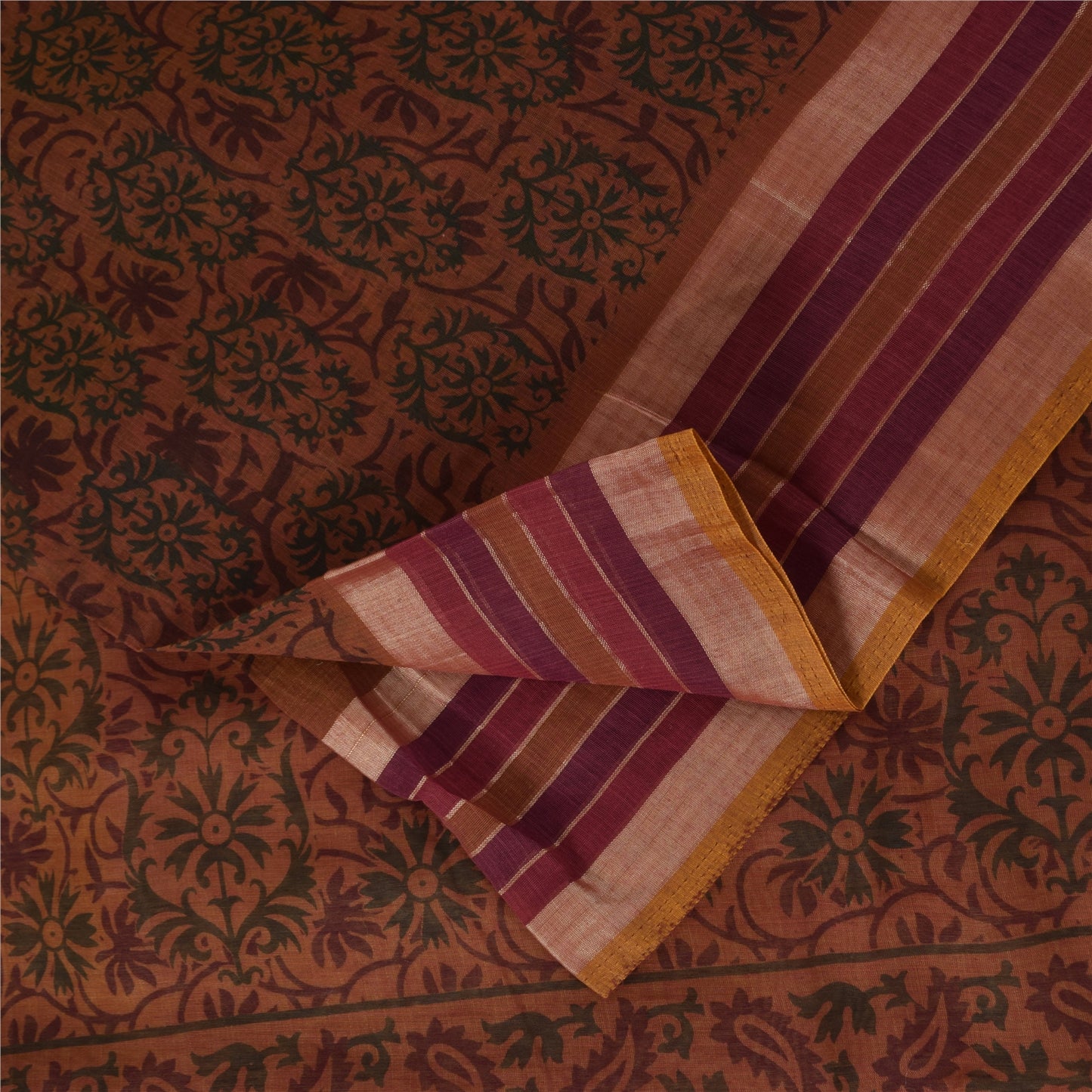 Sanskriti Vintage Sarees Brown Indian Cotton Printed Sari 6+yard Craft Fabric