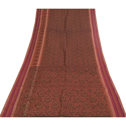 Sanskriti Vintage Sarees Brown Indian Cotton Printed Sari 6+yard Craft Fabric