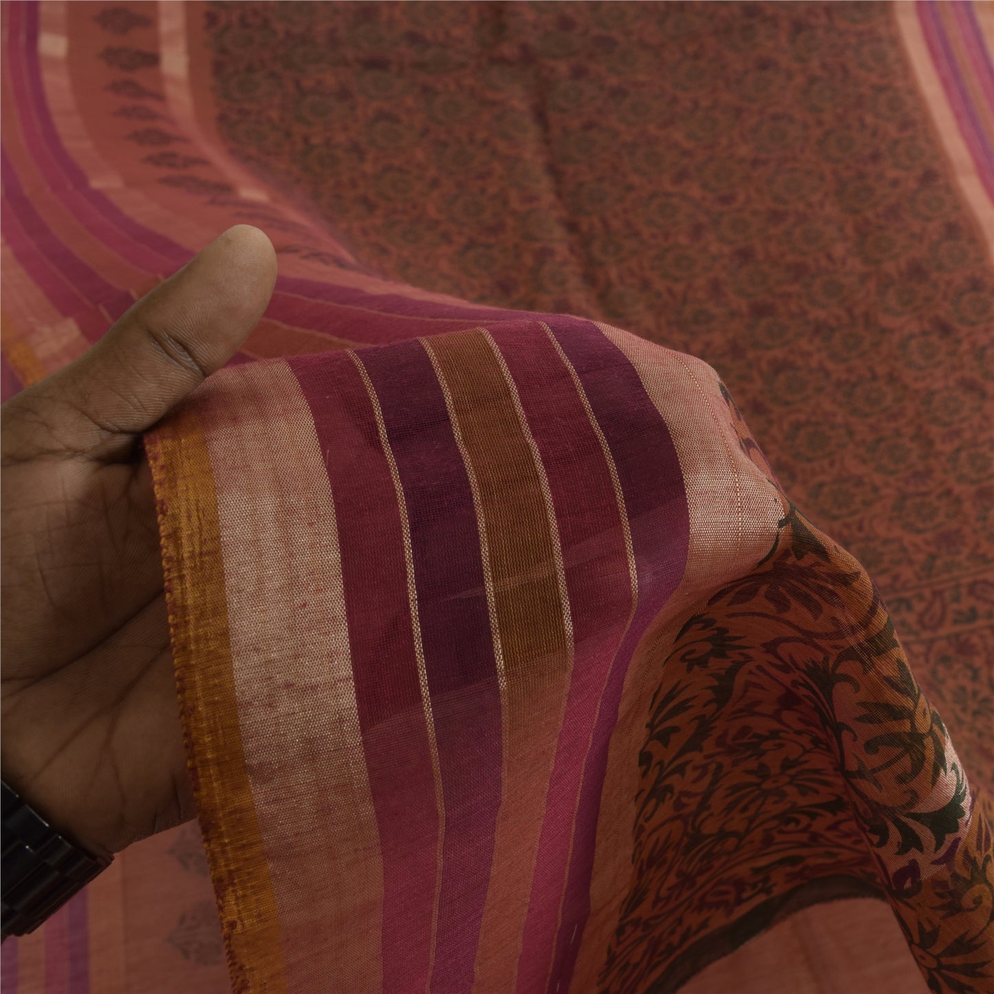 Sanskriti Vintage Sarees Brown Indian Cotton Printed Sari 6+yard Craft Fabric