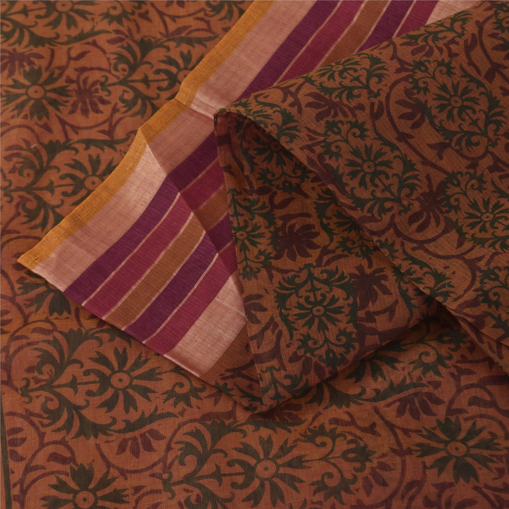 Sanskriti Vintage Sarees Brown Indian Cotton Printed Sari 6+yard Craft Fabric
