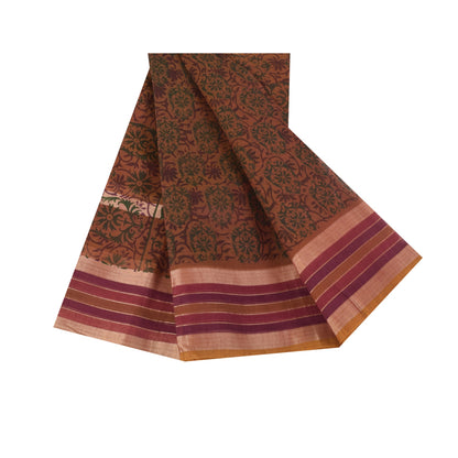 Sanskriti Vintage Sarees Brown Indian Cotton Printed Sari 6+yard Craft Fabric