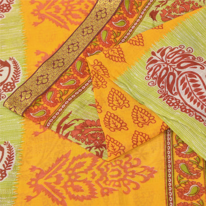 Sanskriti Vintage Sarees Block Printed From India Yellow Pure Cotton Sari Fabric
