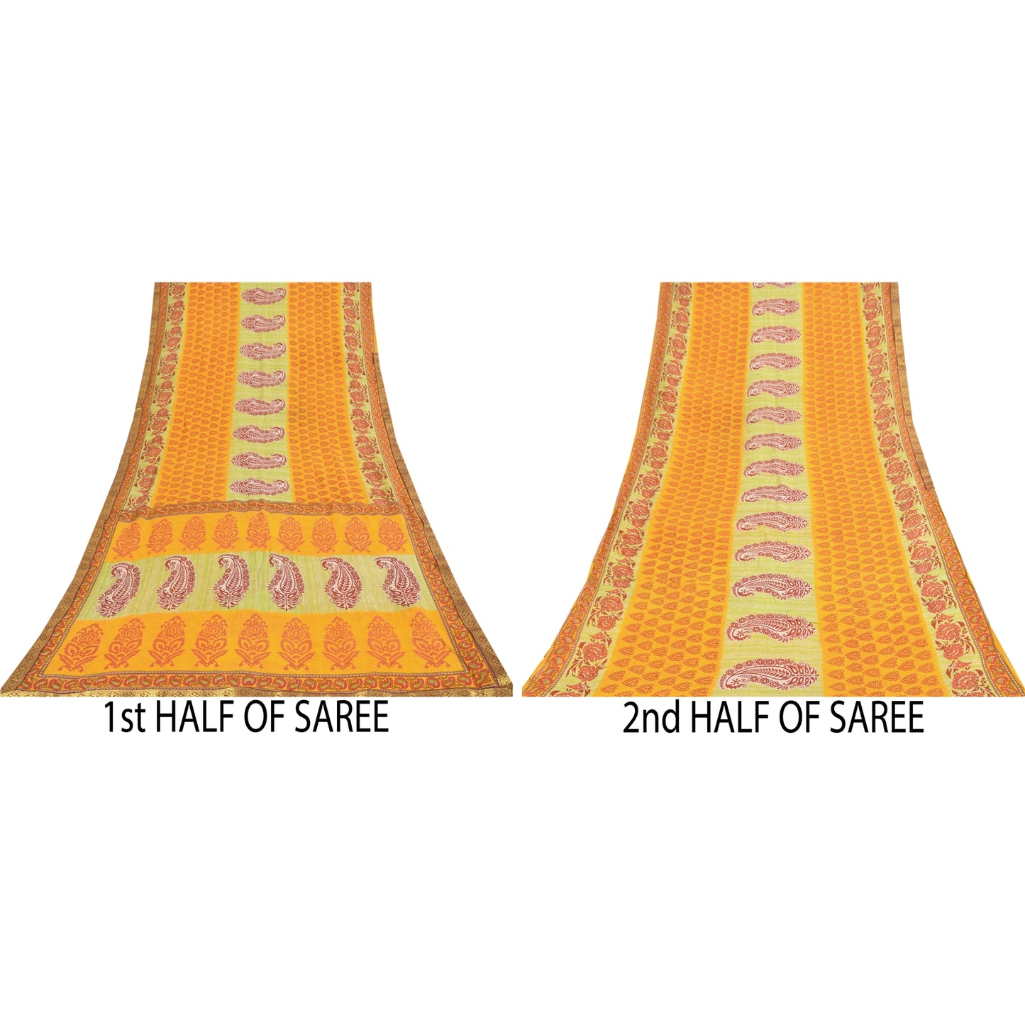 Sanskriti Vintage Sarees Block Printed From India Yellow Pure Cotton Sari Fabric