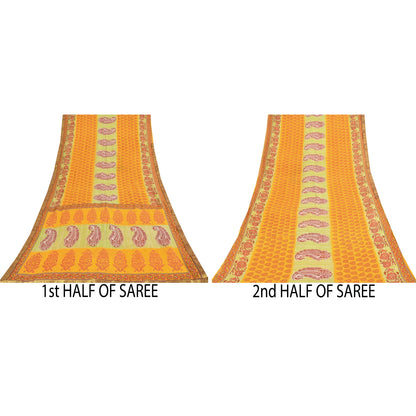 Sanskriti Vintage Sarees Block Printed From India Yellow Pure Cotton Sari Fabric