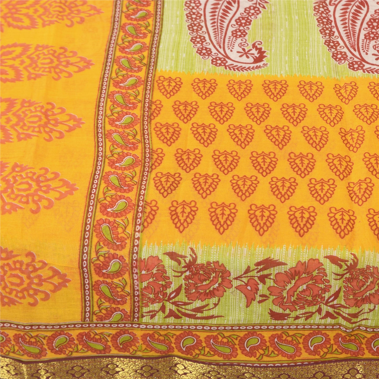 Sanskriti Vintage Sarees Block Printed From India Yellow Pure Cotton Sari Fabric
