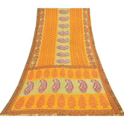 Sanskriti Vintage Sarees Block Printed From India Yellow Pure Cotton Sari Fabric