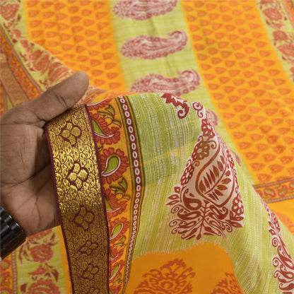 Sanskriti Vintage Sarees Block Printed From India Yellow Pure Cotton Sari Fabric
