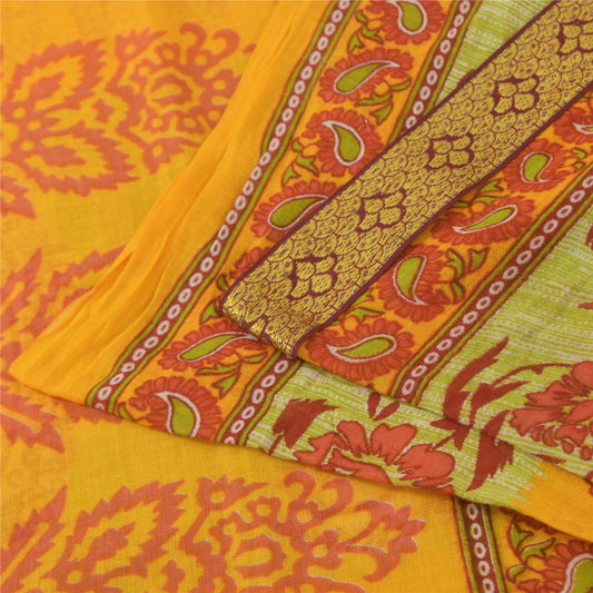 Sanskriti Vintage Sarees Block Printed From India Yellow Pure Cotton Sari Fabric
