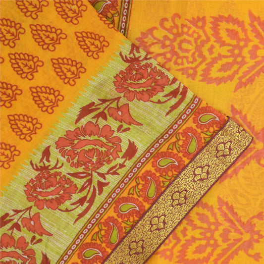 Sanskriti Vintage Sarees Block Printed From India Yellow Pure Cotton Sari Fabric