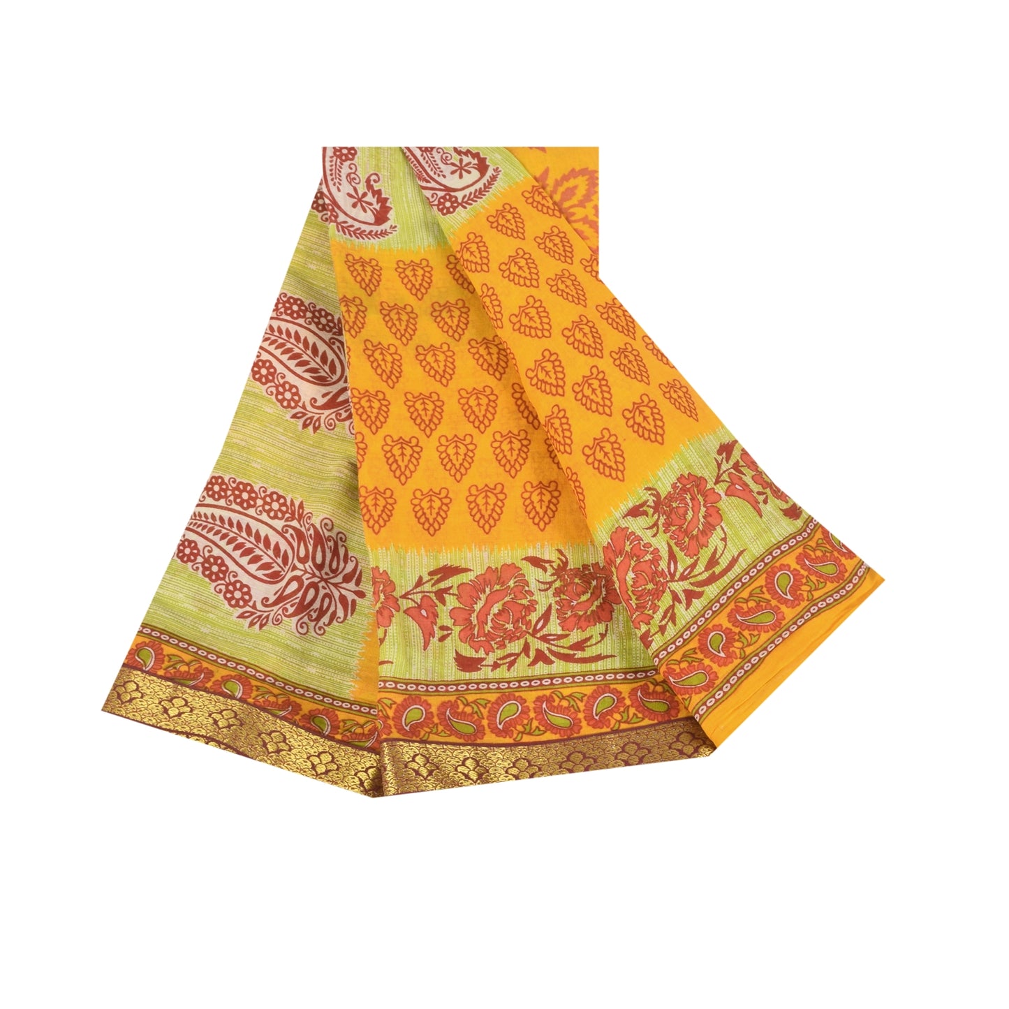 Sanskriti Vintage Sarees Block Printed From India Yellow Pure Cotton Sari Fabric