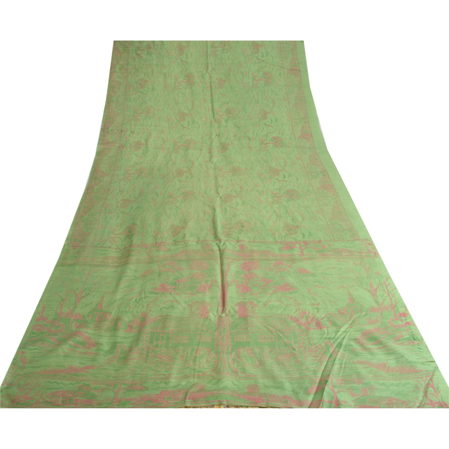 Sanskriti Vintage Sarees Indian Green Pure Silk Printed Sari 5yd Craft Fabric