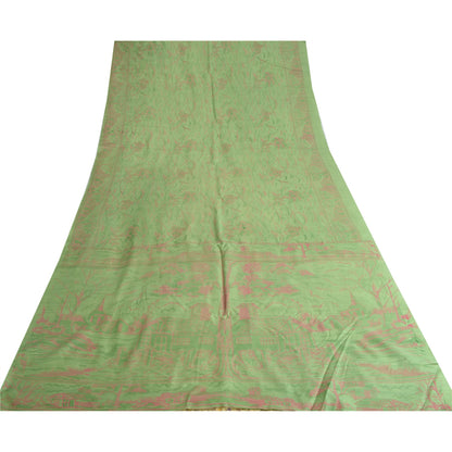 Sanskriti Vintage Sarees Indian Green Pure Silk Printed Sari 5yd Craft Fabric