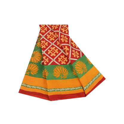 Sanskriti Vintage Sarees Red Indian Pure Cotton Printed Sari Soft Craft Fabric
