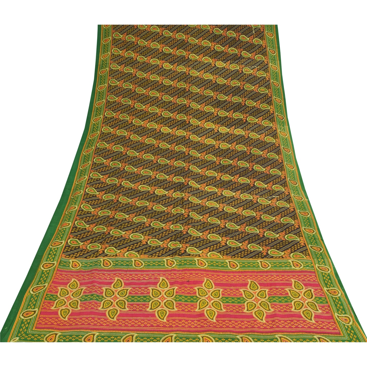 Sanskriti Vintage Saree Black 100% Pure Cotton 5 Yard Saree Floral Paisely Printed Sari Fabric For Dressmaking,Craft Supplies,Upcyclers