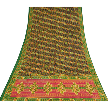 Sanskriti Vintage Saree Black 100% Pure Cotton 5 Yard Saree Floral Paisely Printed Sari Fabric For Dressmaking,Craft Supplies,Upcyclers