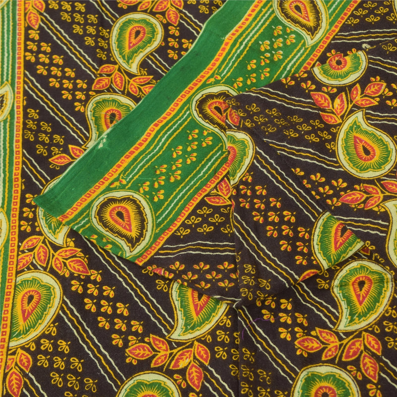 Sanskriti Vintage Saree Black 100% Pure Cotton 5 Yard Saree Floral Paisely Printed Sari Fabric For Dressmaking,Craft Supplies,Upcyclers