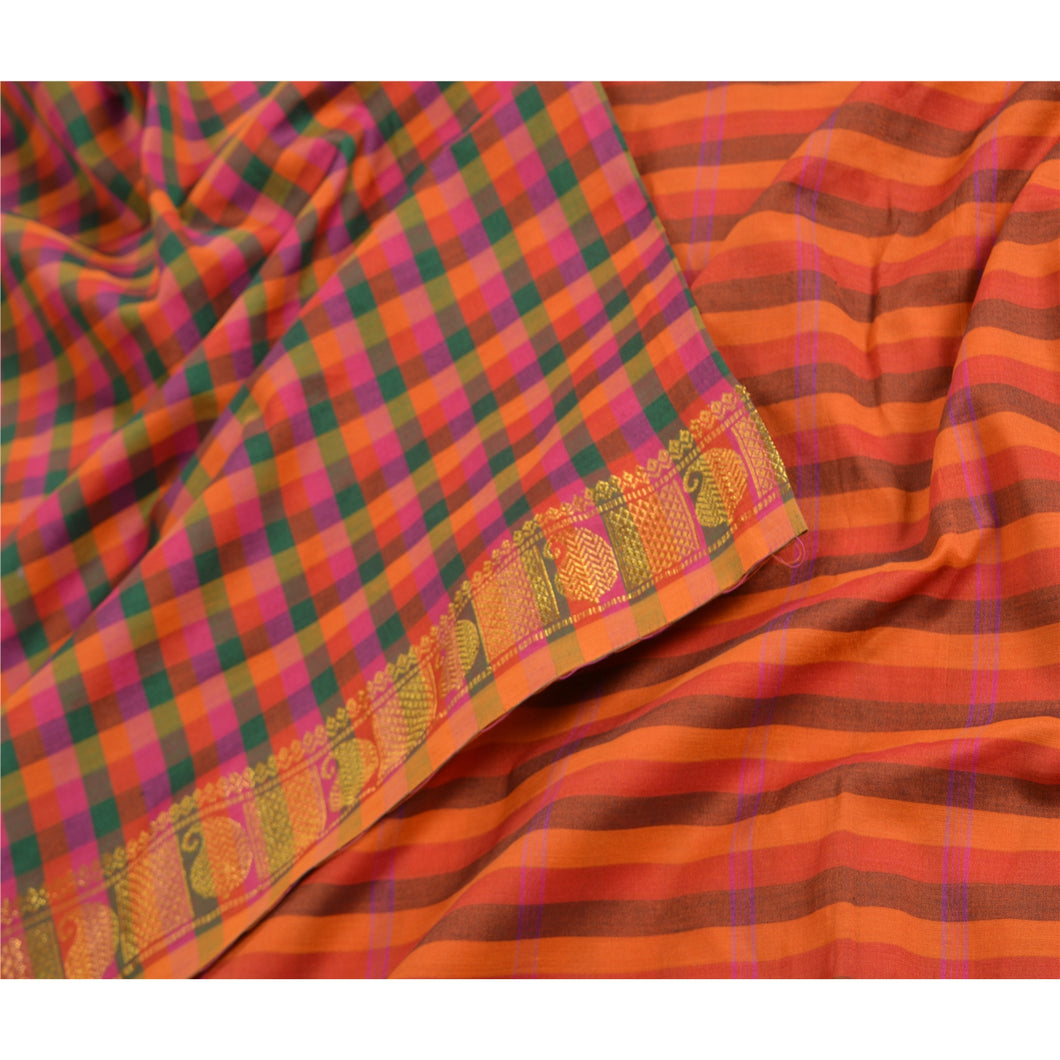 Sanskriti Vintage Sarees Multi Chettinad Woven Pure Cotton Sari 5yd Craft Fabric