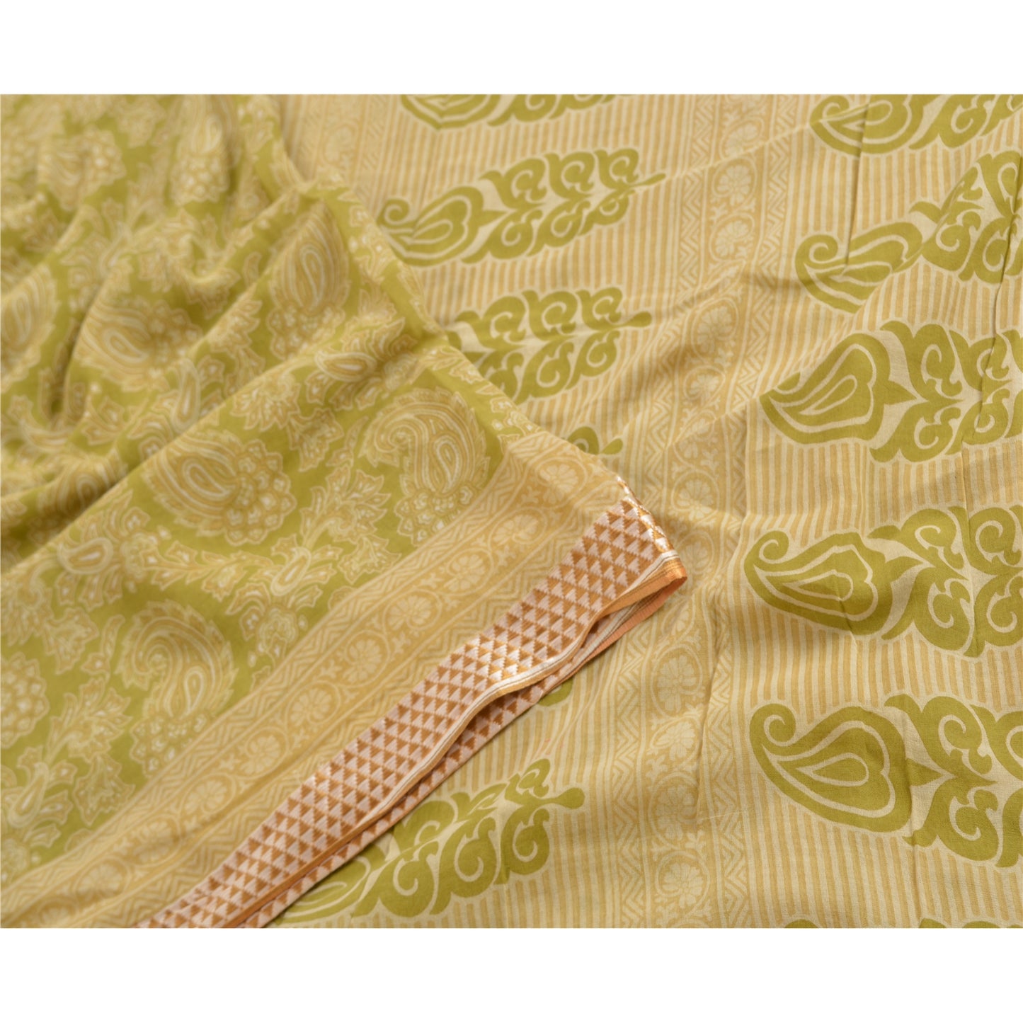 Sanskriti Vintage Sarees Green Block Printed Pure Cotton Sari Soft Craft Sustainable Fabric