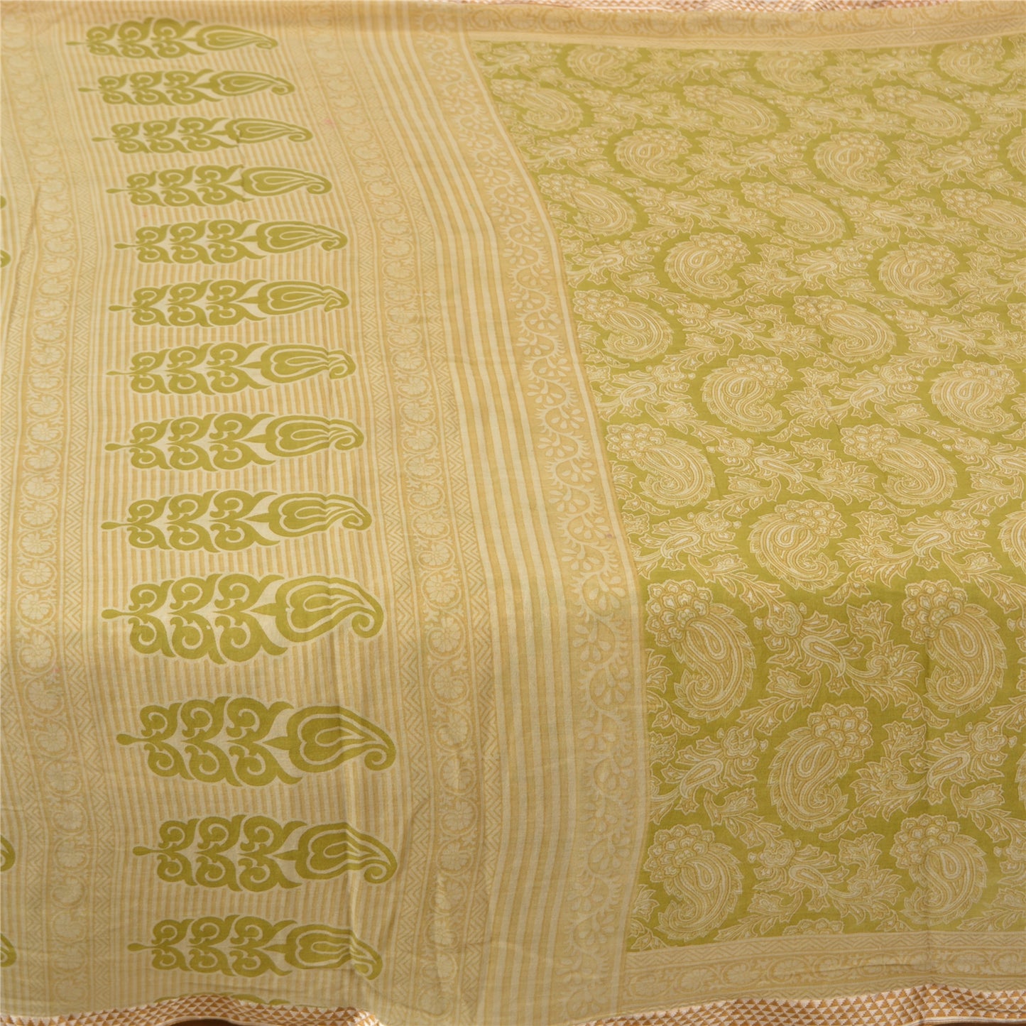 Sanskriti Vintage Sarees Green Block Printed Pure Cotton Sari Soft Craft Sustainable Fabric