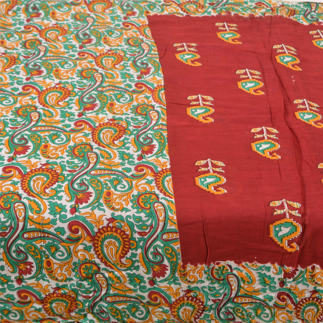 Sanskriti Vintage Sarees Indian Red Pure Cotton Printed Sari Soft Craft Fabric