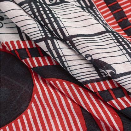 Sanskriti Vintage Sarees Red & Black Pure Cotton Printed Sari 5yd Craft Fabric