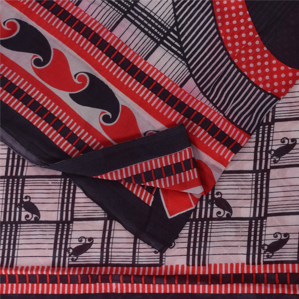 Sanskriti Vintage Sarees Red & Black Pure Cotton Printed Sari 5yd Craft Fabric