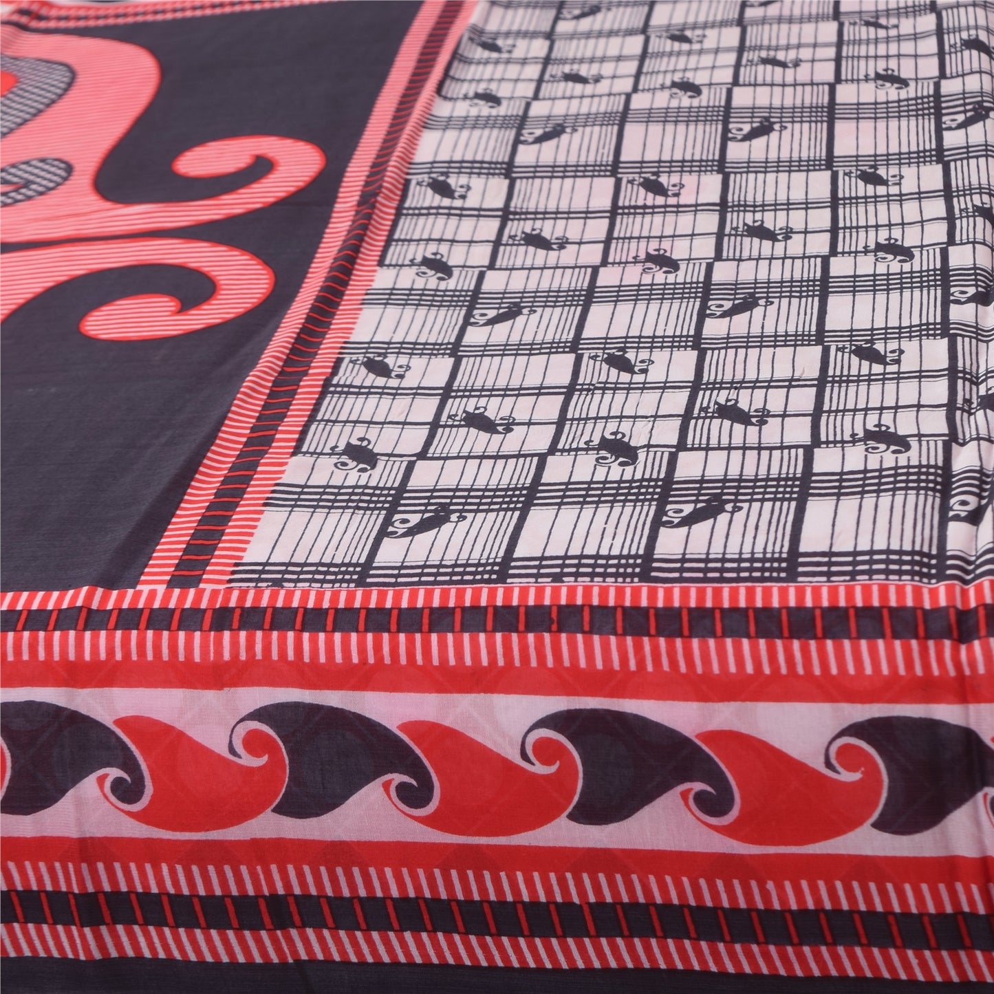 Sanskriti Vintage Sarees Red & Black Pure Cotton Printed Sari 5yd Craft Fabric
