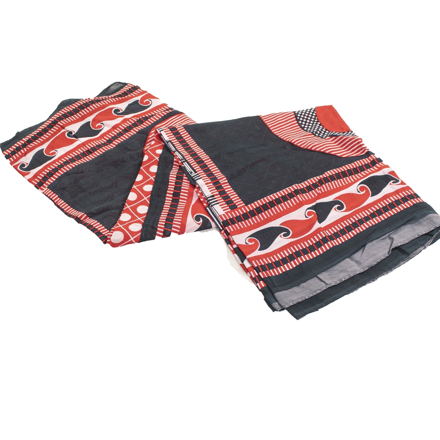 Sanskriti Vintage Sarees Red & Black Pure Cotton Printed Sari 5yd Craft Fabric