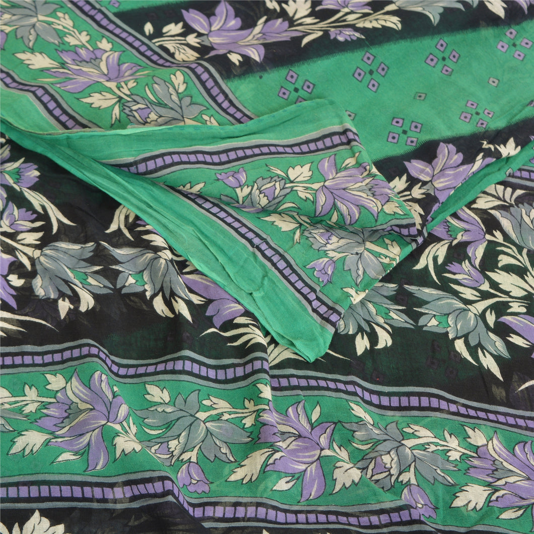 Sanskriti Vintage Sarees Green Indian Pure Cotton Printed Sari 5yd Craft Fabric