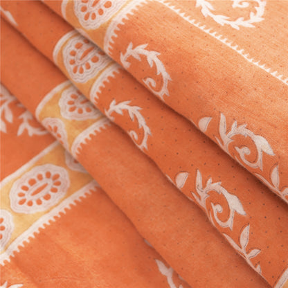 Sanskriti Vintage Saree Ivory & Peach 100% Pure Cotton 5 Yard Saree Block Geometric Paisley Printed Sari Craft Fabric Supplies Home Decor