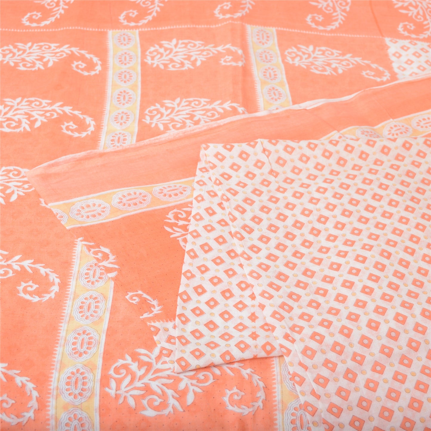 Sanskriti Vintage Saree Ivory & Peach 100% Pure Cotton 5 Yard Saree Block Geometric Paisley Printed Sari Craft Fabric Supplies Home Decor