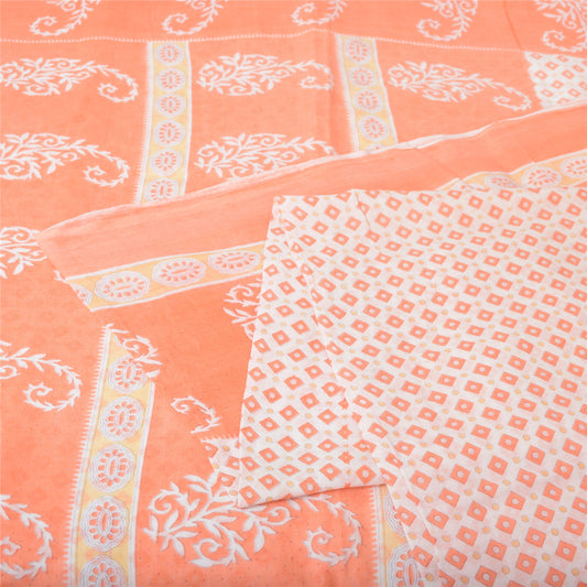 Sanskriti Vintage Saree Ivory & Peach 100% Pure Cotton 5 Yard Saree Block Geometric Paisley Printed Sari Craft Fabric Supplies Home Decor