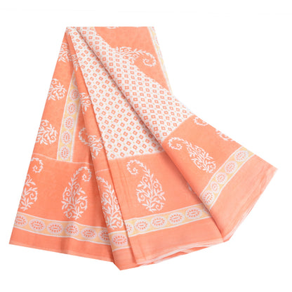 Sanskriti Vintage Saree Ivory & Peach 100% Pure Cotton 5 Yard Saree Block Geometric Paisley Printed Sari Craft Fabric Supplies Home Decor