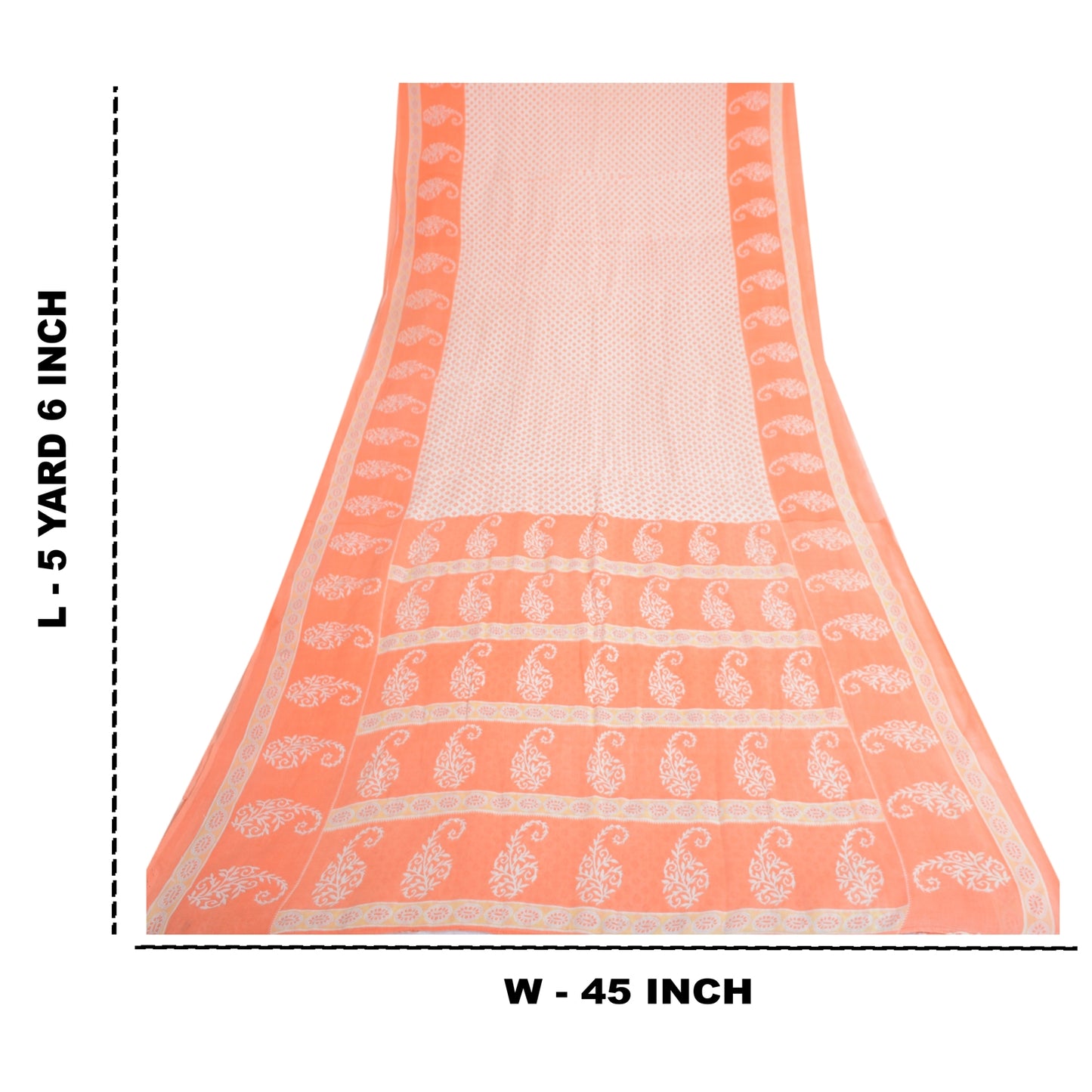 Sanskriti Vintage Saree Ivory & Peach 100% Pure Cotton 5 Yard Saree Block Geometric Paisley Printed Sari Craft Fabric Supplies Home Decor