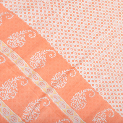 Sanskriti Vintage Saree Ivory & Peach 100% Pure Cotton 5 Yard Saree Block Geometric Paisley Printed Sari Craft Fabric Supplies Home Decor