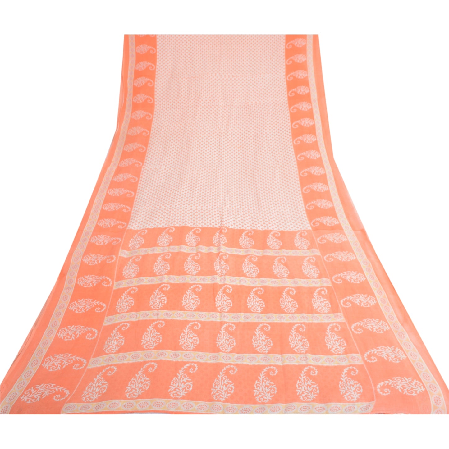 Sanskriti Vintage Saree Ivory & Peach 100% Pure Cotton 5 Yard Saree Block Geometric Paisley Printed Sari Craft Fabric Supplies Home Decor