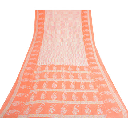 Sanskriti Vintage Saree Ivory & Peach 100% Pure Cotton 5 Yard Saree Block Geometric Paisley Printed Sari Craft Fabric Supplies Home Decor